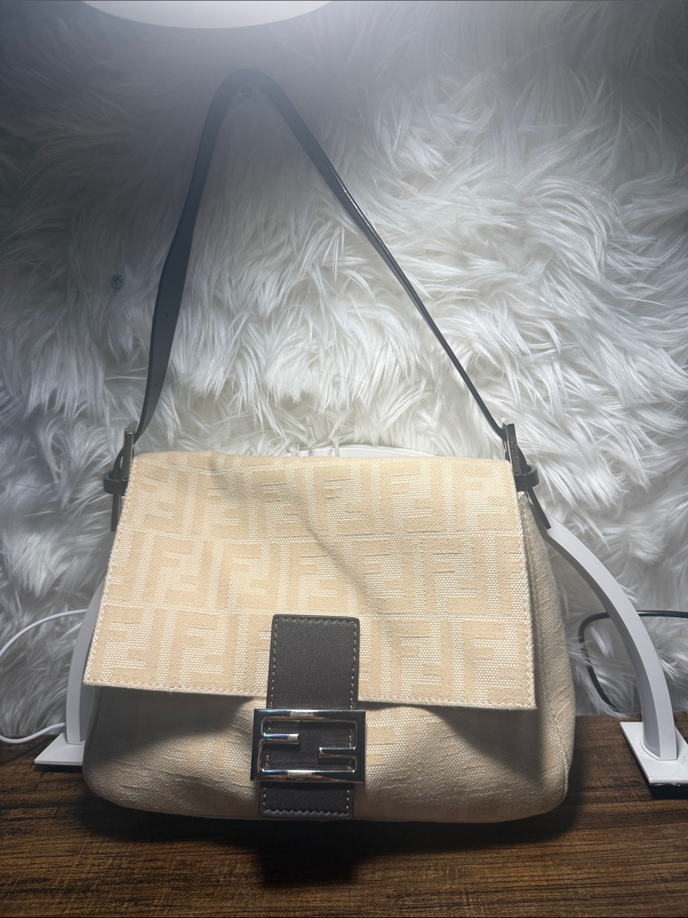Fendi vintage Beige Jacquard Shoulder Bag with Dark Brown Strap